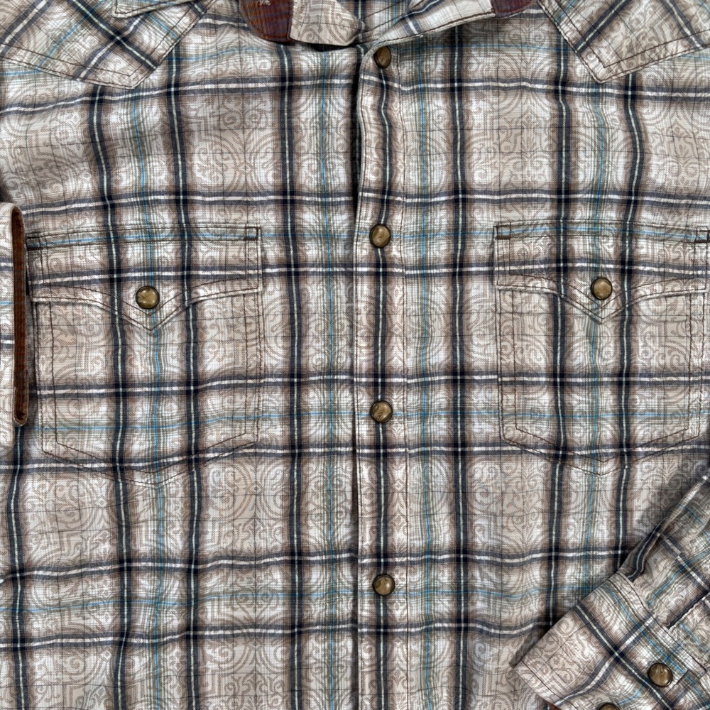 Wrangler Retro Mens XL Tan Brown Plaid Paisley Pearl Snap Western Shirt MVR169M - Picture 3 of 10